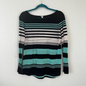 J Crew Striped Boat Neck Long Sleeve Top Shirt Teal Black White Women's Size L